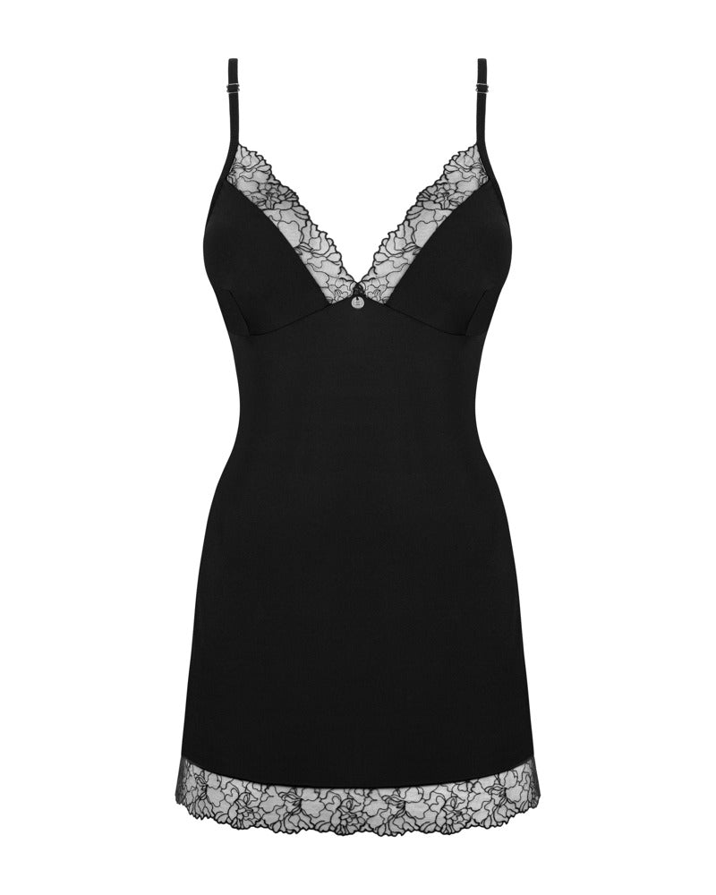 Obsessive Chemise met bloemenborduursel en jarretels - Zwart