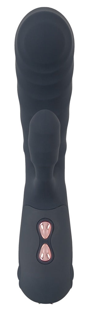 Vibrator met gegroefde schacht en clitorisstimulator - Blauw