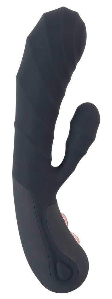 Vibrator met gegroefde schacht en clitorisstimulator - Blauw