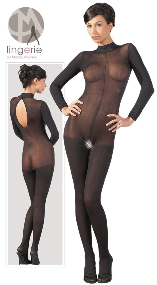 NO:XQSE catsuit met netstof en kanten kraag - Zwart - NO:XQSE - SKU: 2300570000