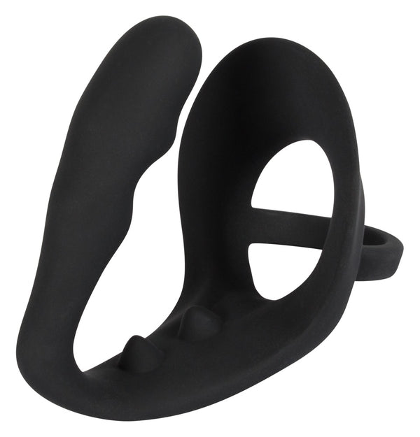 Black Velvets Cockring met butt plug & perineumbrug - Zwart - Black Velvets - SKU: 5182040000