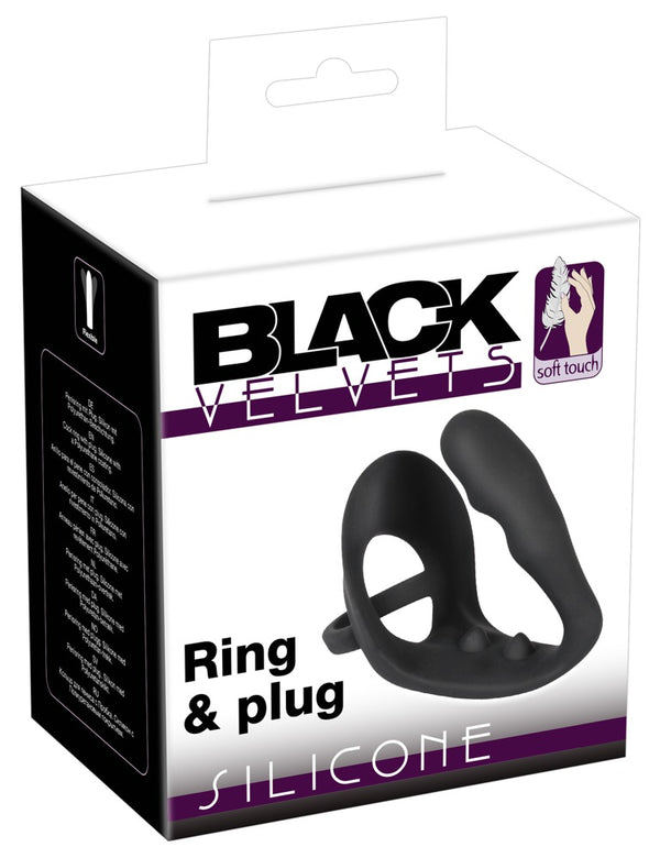 Black Velvets Cockring met butt plug & perineumbrug - Zwart - Black Velvets - SKU: 5182040000