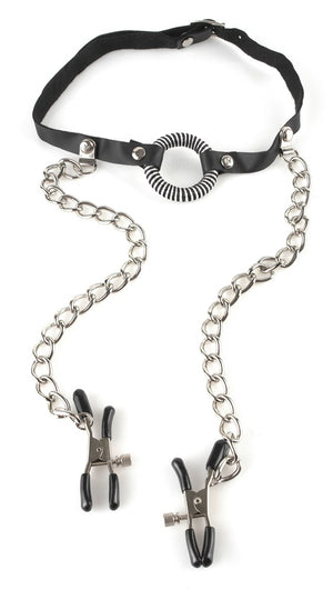 Fetish Fantasy Series Nekklem met O-ring gag en tepelklemmen - Zwart