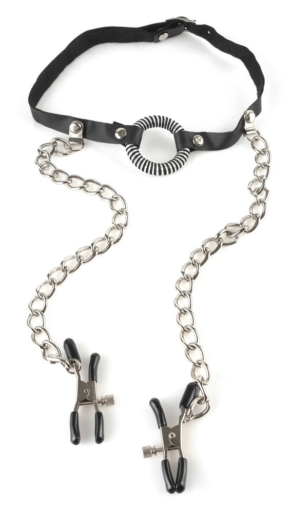 Fetish Fantasy Series Nekklem met O-ring gag en tepelklemmen - Zwart