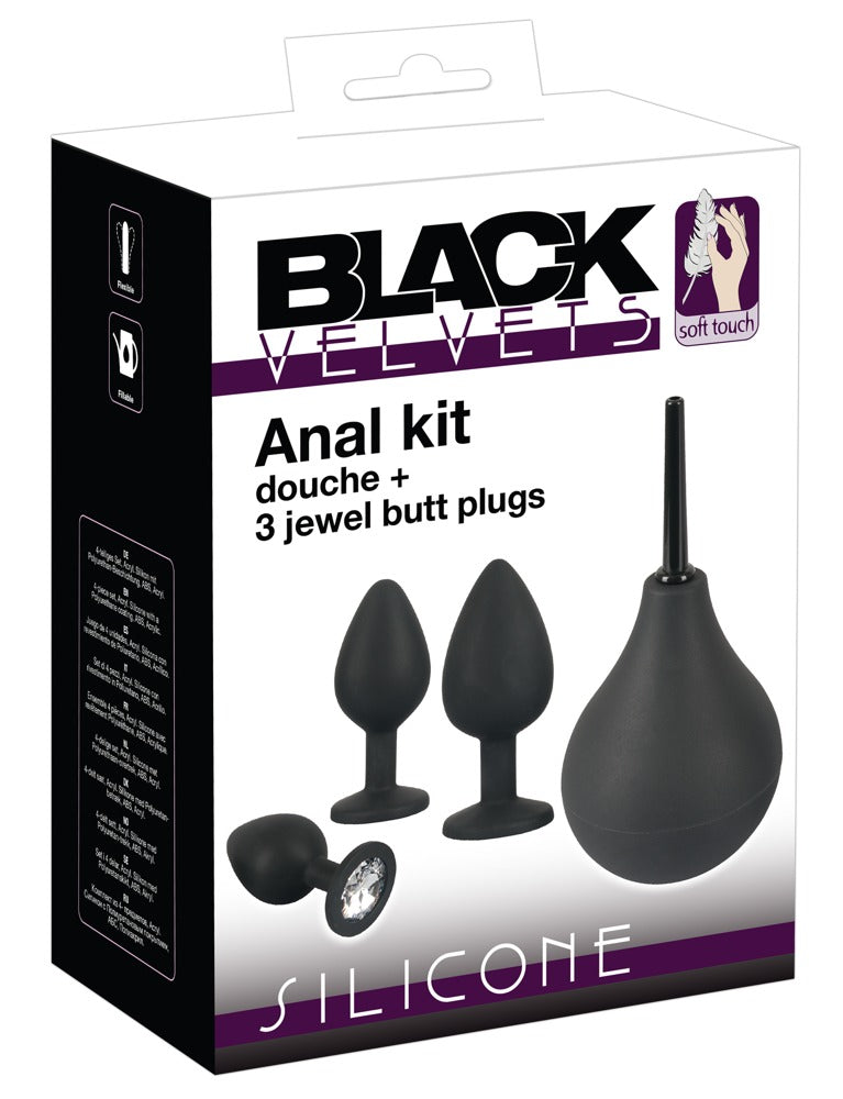 Black Velvets Anaal set met douche en 3 buttplugs - Zwart