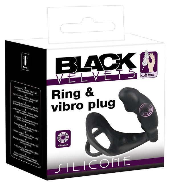 Black Velvets vibrerende cockring met plug - Zwart - Black Velvets - SKU: 5885390000