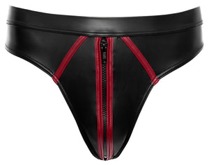 Svenjoyment Thong wetlook met rode strepen en ritssluiting - Zwart