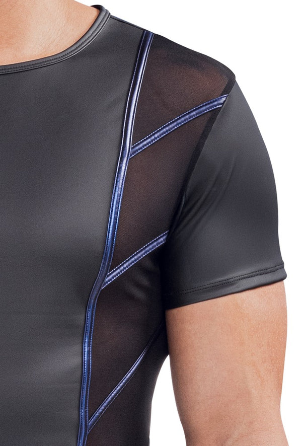 Shirt met net-inzetstukken en metallic strepen - Zwart - NEK - SKU: 21620161701