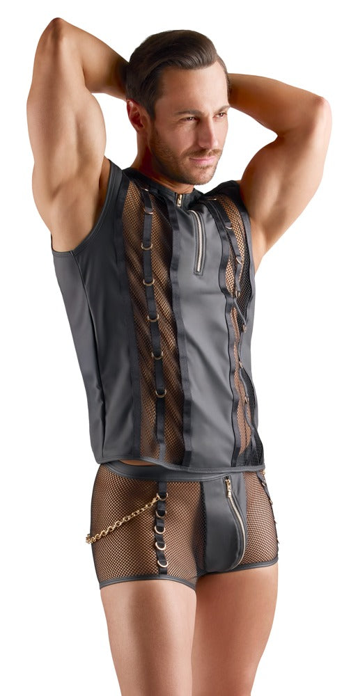 Svenjoyment Shirt met wetlook en gouden ritssluiting - Zwart