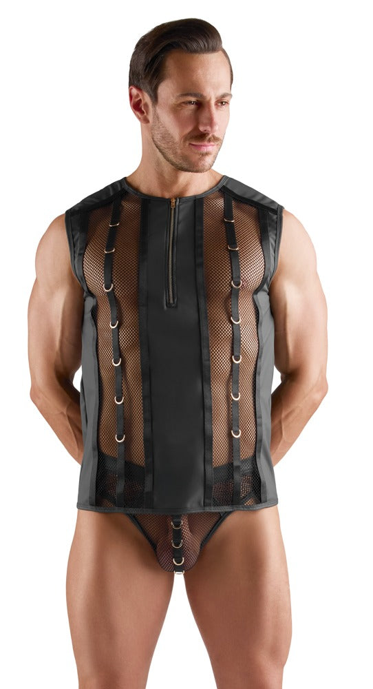 Svenjoyment Shirt met wetlook en gouden ritssluiting - Zwart