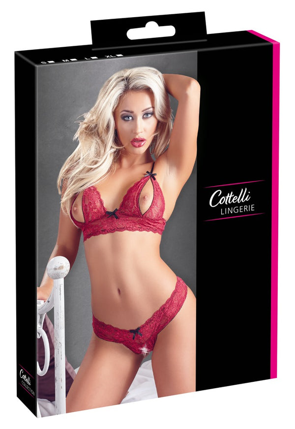 Cottelli LINGERIE jarretel set met open cups - Rood - Cottelli LINGERIE - SKU: 22124473021