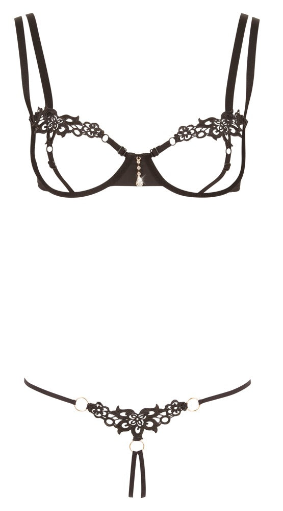 Cottelli LINGERIE Bra met open cups en jarretels - Zwart - Cottelli LINGERIE - SKU: 22128381021