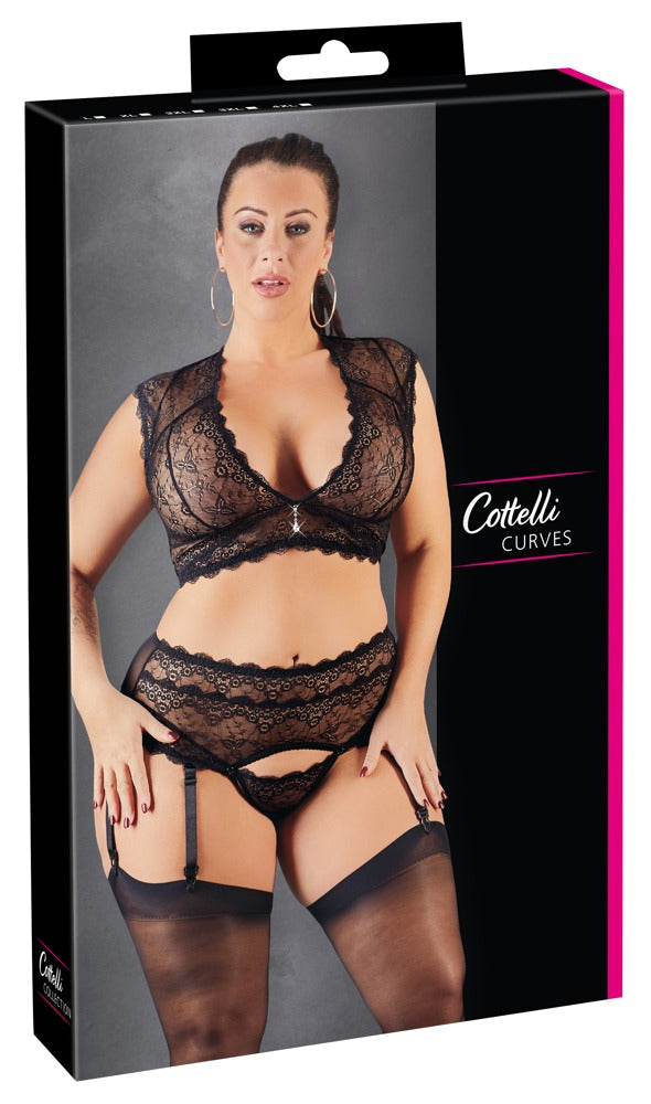 Cottelli CURVES Bralette met strassteentjes en jarretel string - Zwart