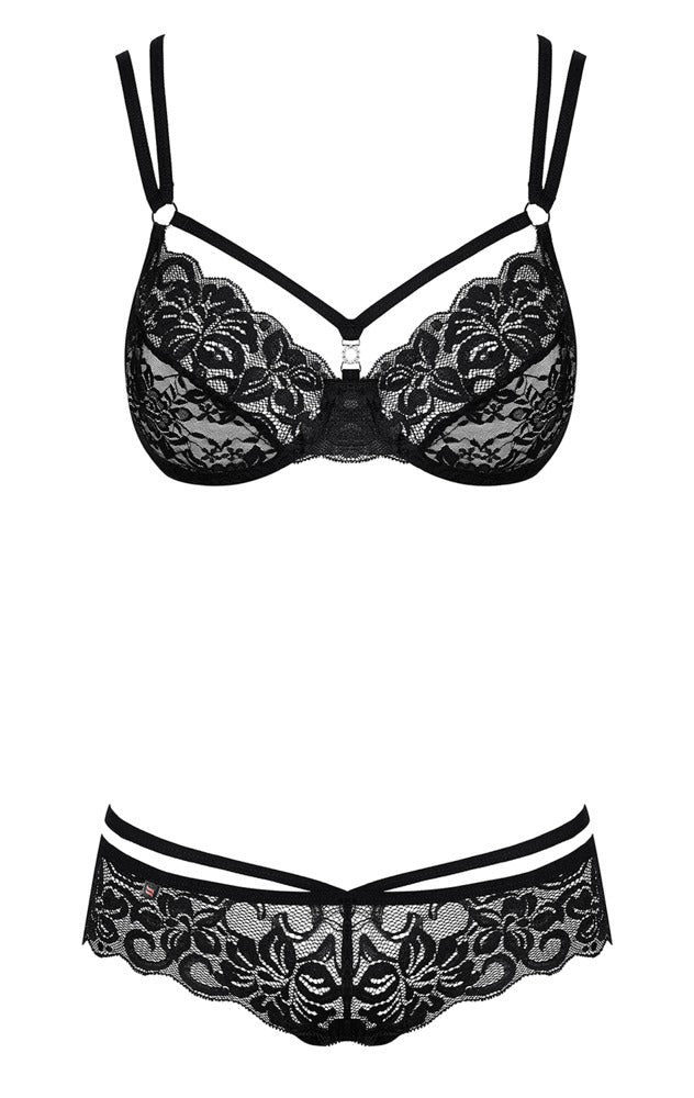 Obsessive Jarretel set met beugelbeha en string - Zwart