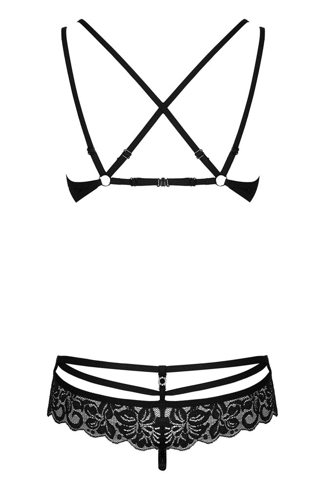 Obsessive Jarretel set met beugelbeha en string - Zwart