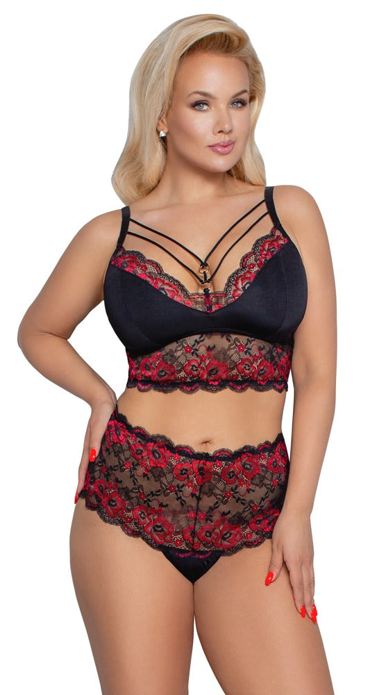 Cottelli CURVES Beugelloze set met bloemenkant en jarretels - Zwart - Cottelli CURVES - SKU: 22139741051
