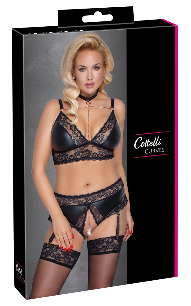 Cottelli CURVES Jarretel set beugelloos met kruisloos slip - Zwart