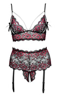 Cottelli CURVES Jarretel set met beugelloze bh en kruisloze slip - Zwart
