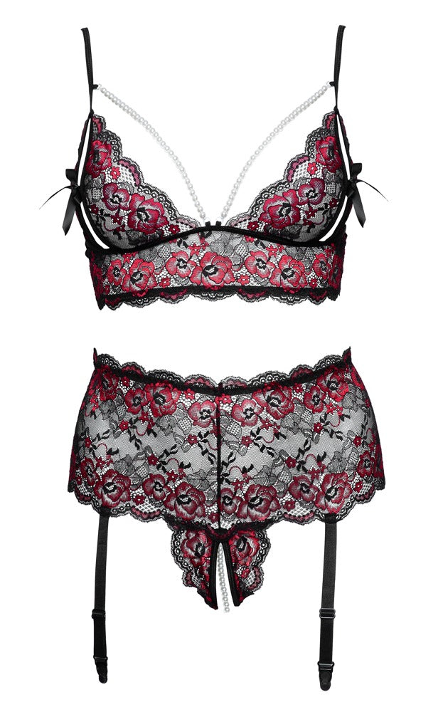 Cottelli CURVES Jarretel set met beugelloze bh en kruisloze slip - Zwart
