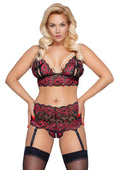 Cottelli CURVES Jarretel set met beugelloze bh en kruisloze slip - Zwart