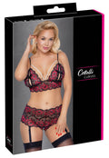 Cottelli CURVES Jarretel set met beugelloze bh en kruisloze slip - Zwart
