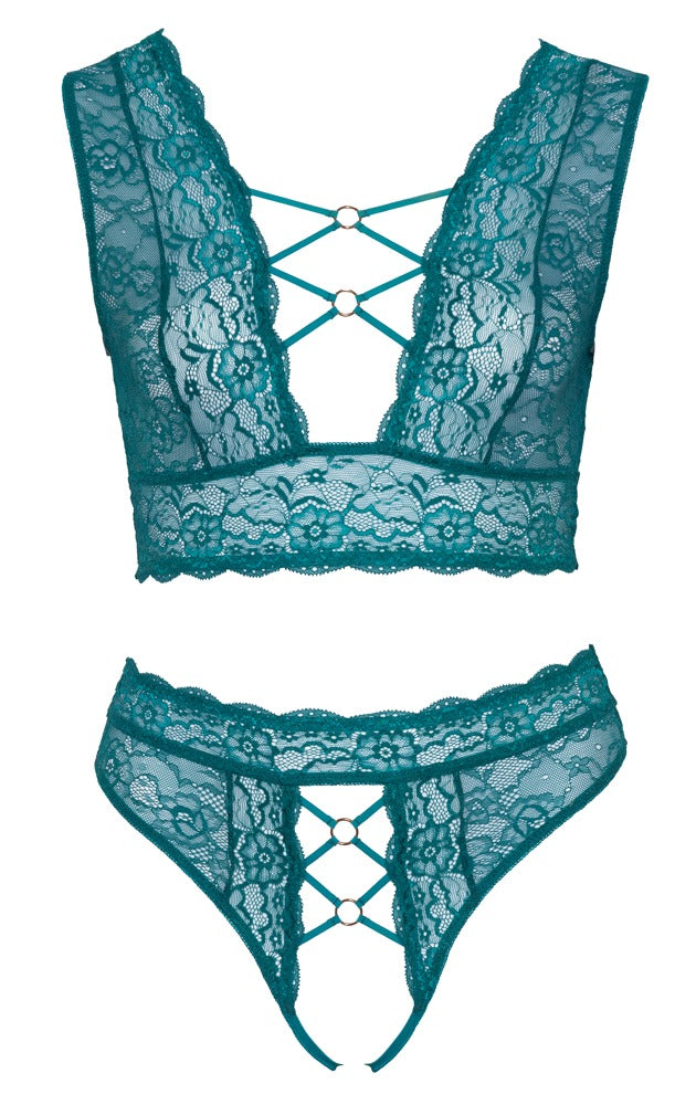 Cottelli CURVES Bralette met jarretels en kruisloze string - Groen