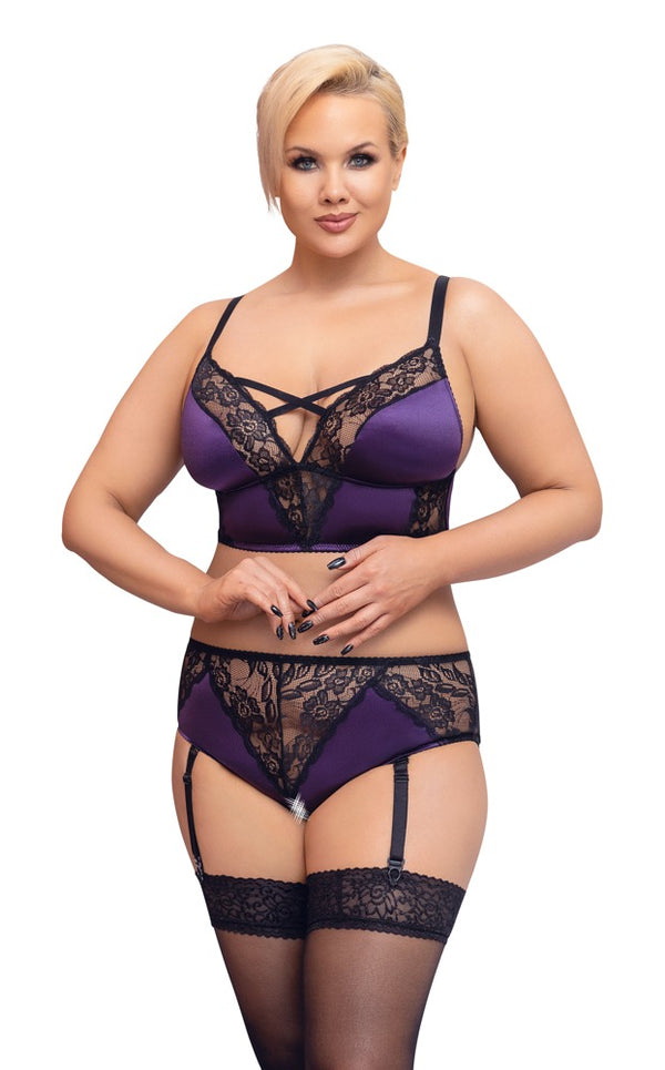Cottelli CURVES Jarretel set met bralette en kruisloos slip - Paars - Cottelli CURVES - SKU: 22141134051