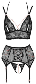 Abierta Fina Jarretel set met bralette en kruisloze slip - Zwart