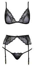 kissable Jarretel set met beugelloze beha en string - Zwart