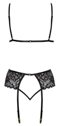 kissable Jarretel set met beugelloze beha en string - Zwart