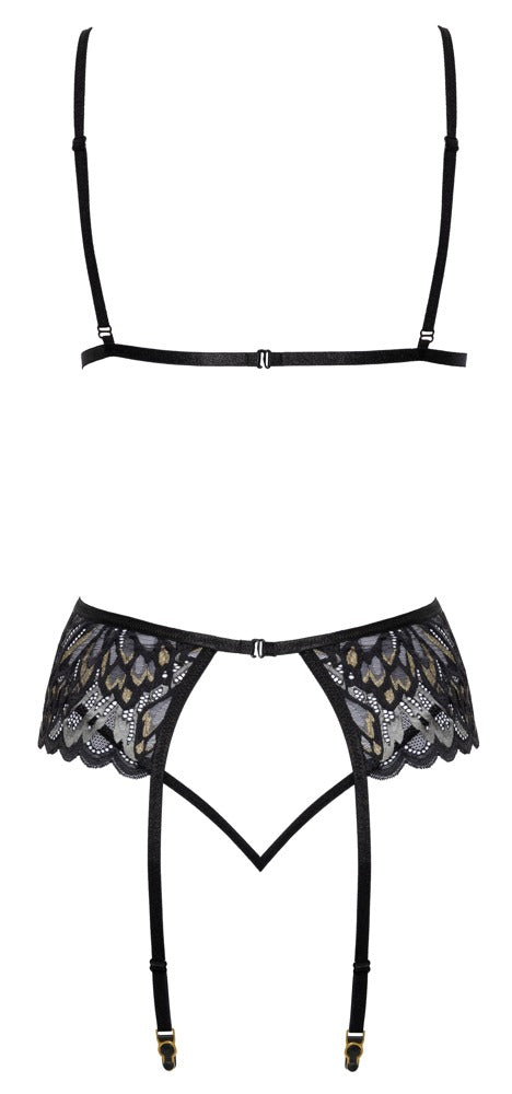 kissable Jarretel set met beugelloze beha en string - Zwart