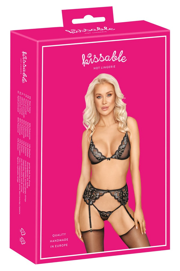 kissable Jarretel set met beugelloze beha en string - Zwart - kissable - SKU: 22143001111