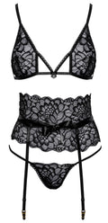 kissable Jarretel set met beugelloze beha en string - Zwart