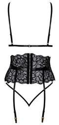 kissable Jarretel set met beugelloze beha en string - Zwart