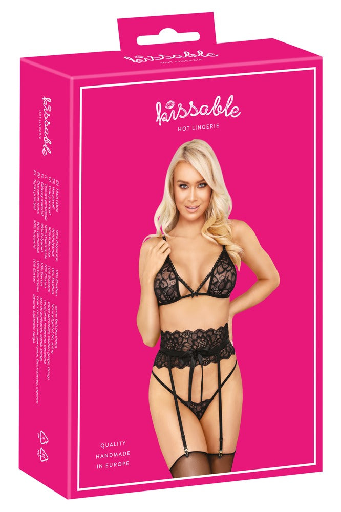kissable Jarretel set met beugelloze beha en string - Zwart