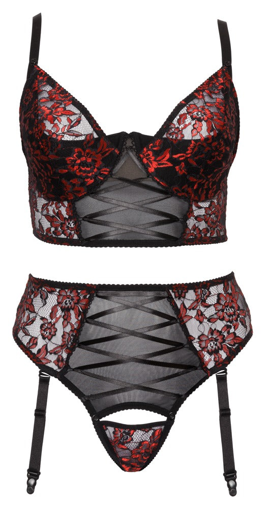 Cottelli CURVES longline set met vetersluiting - Zwart - Cottelli CURVES - SKU: 22144741331