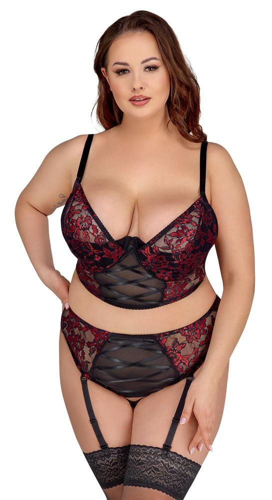 Cottelli CURVES Longline beha met jarretel thong - Zwart - Cottelli CURVES - SKU: 22144741331