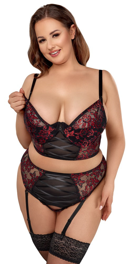Cottelli CURVES longline set met vetersluiting - Zwart - Cottelli CURVES - SKU: 22144741331