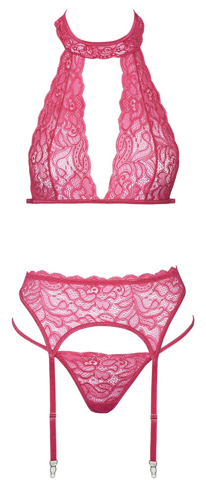 Jarretel set met halterbeha en thong - Roze - Cottelli LINGERIE - SKU: 22144823131