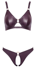 Bra en slip set wetlook met gouden accessoires - Paars