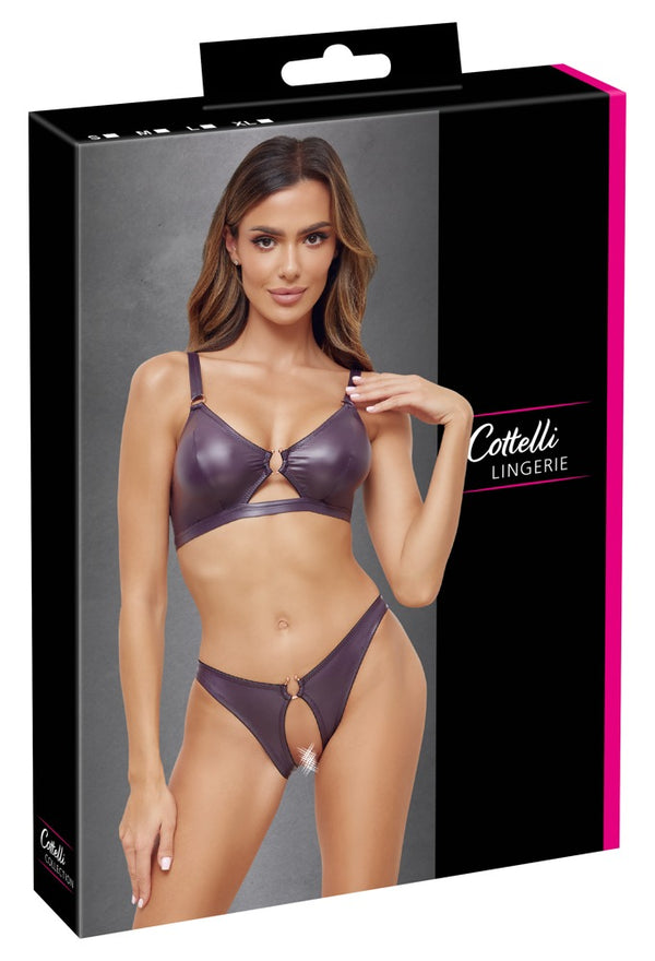 Bra en slip set wetlook met gouden accessoires - Paars - Cottelli LINGERIE - SKU: 22145804021
