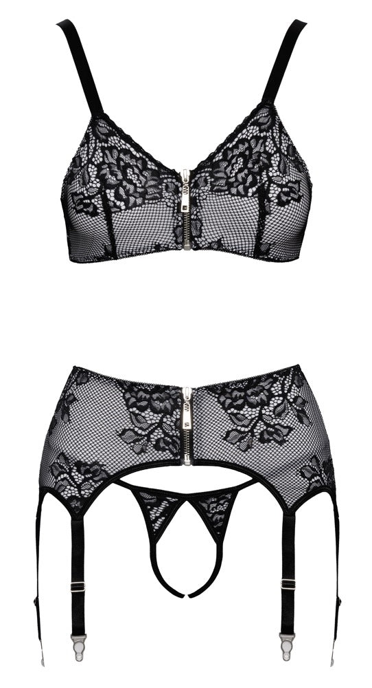 Cottelli LINGERIE jarretel set met witte fronten - Zwart - Cottelli LINGERIE - SKU: 22145981021