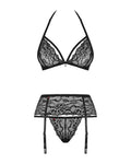 Obsessive Set halternek bra, jarretelgordel en thong - Zwart