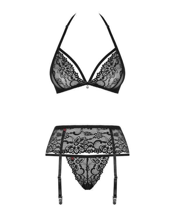 Obsessive Set halternek bra, jarretelgordel en thong - Zwart - Obsessive - SKU: 22146521111