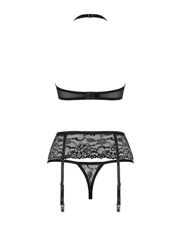 Obsessive Set halternek bra, jarretelgordel en thong - Zwart - Obsessive - SKU: 22146521111