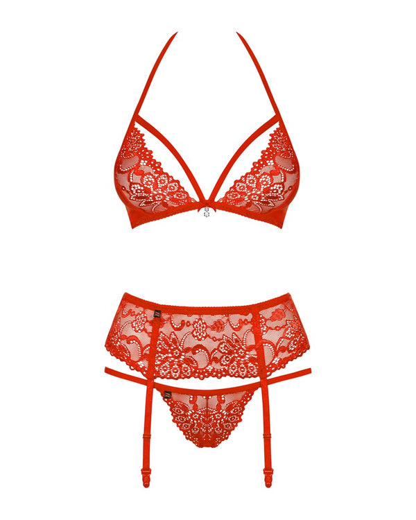 Halternek beha met jarretelgordel en thong - Rood - Obsessive - SKU: 22146603131
