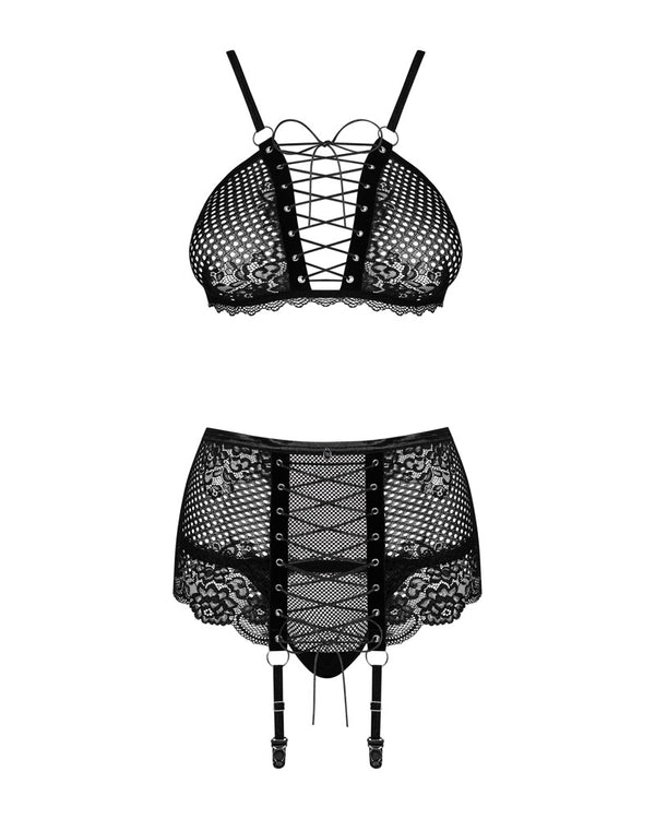 Obsessive 3-delig set met vetersluiting en metalen ringen - Zwart - Obsessive - SKU: 22147411111