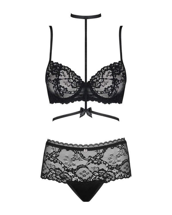 Jarretel set met kant en open kruis - Zwart - Obsessive - SKU: 22149971111
