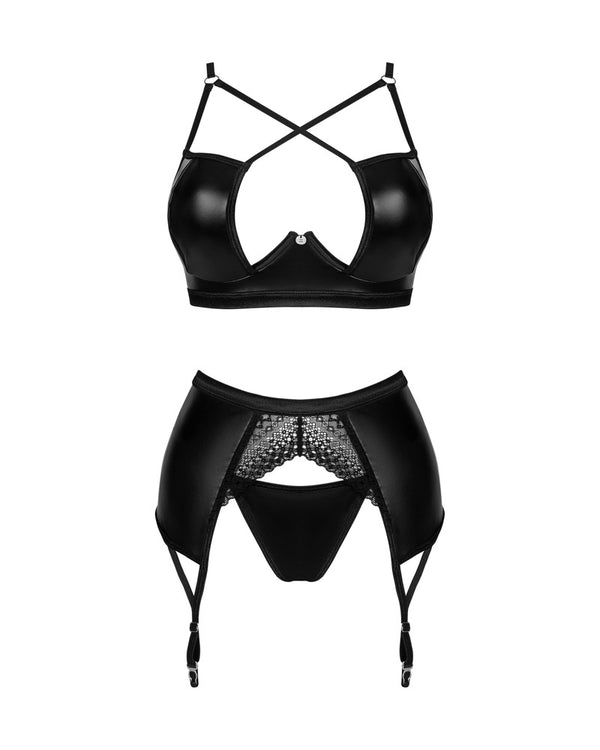 Obsessive Norides wetlook set jarretel set - Zwart - Obsessive - SKU: 22150801141