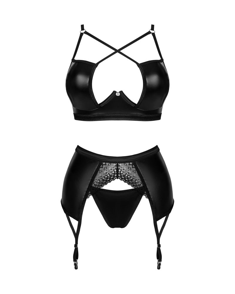 Obsessive natte look jarretelset Norides - Zwart